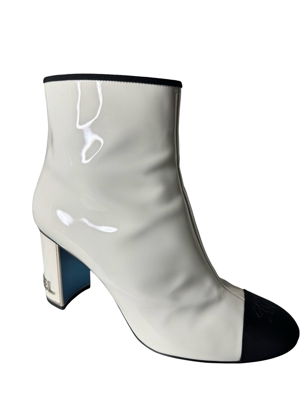 CHANEL White Patent Leather Ankle Boots with Black Cap Toe - Picture 2 of 6